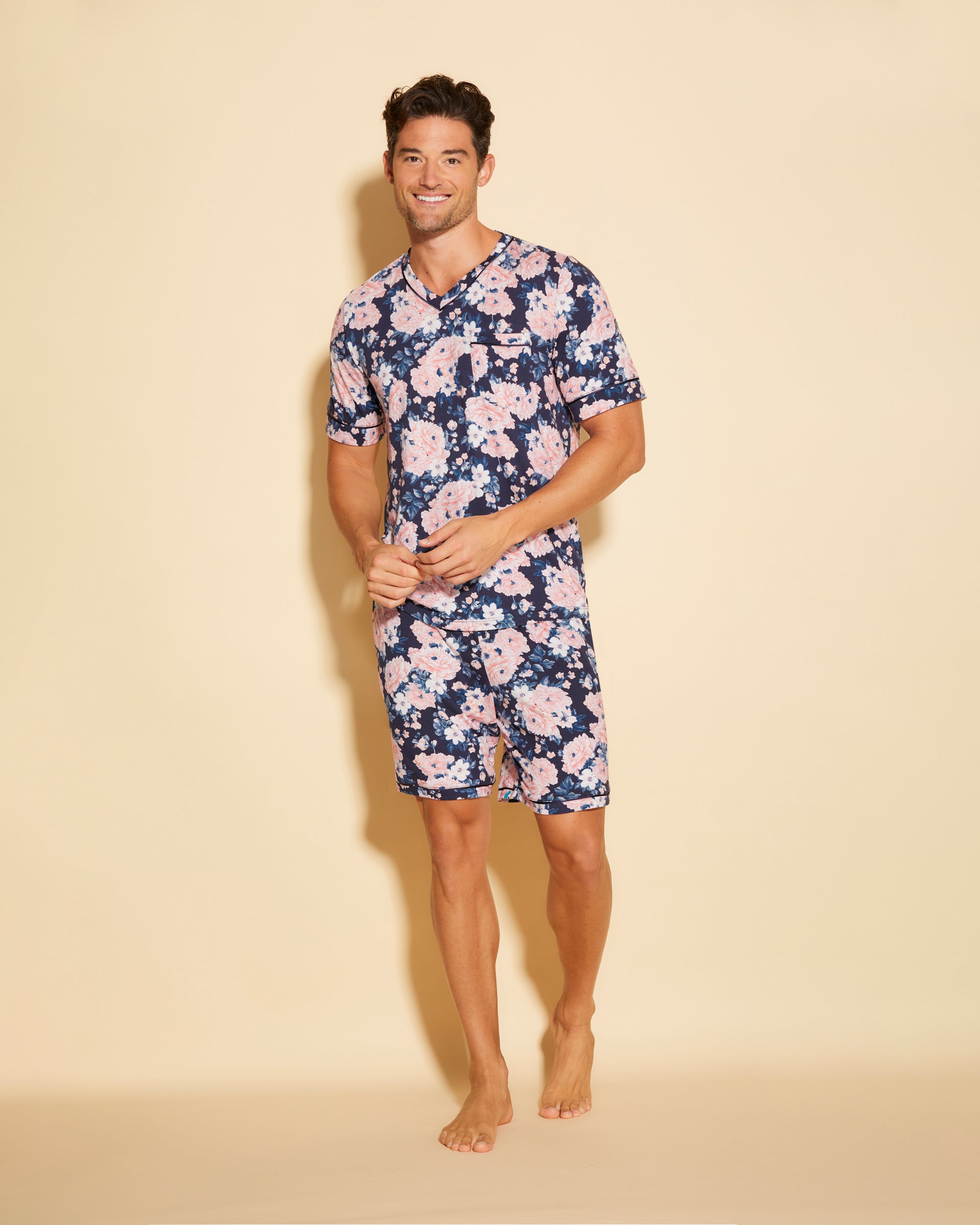 Estampado Conjuntos Para Hombres - Bella Printed Camisa Con Cuello En V Y Pantalones