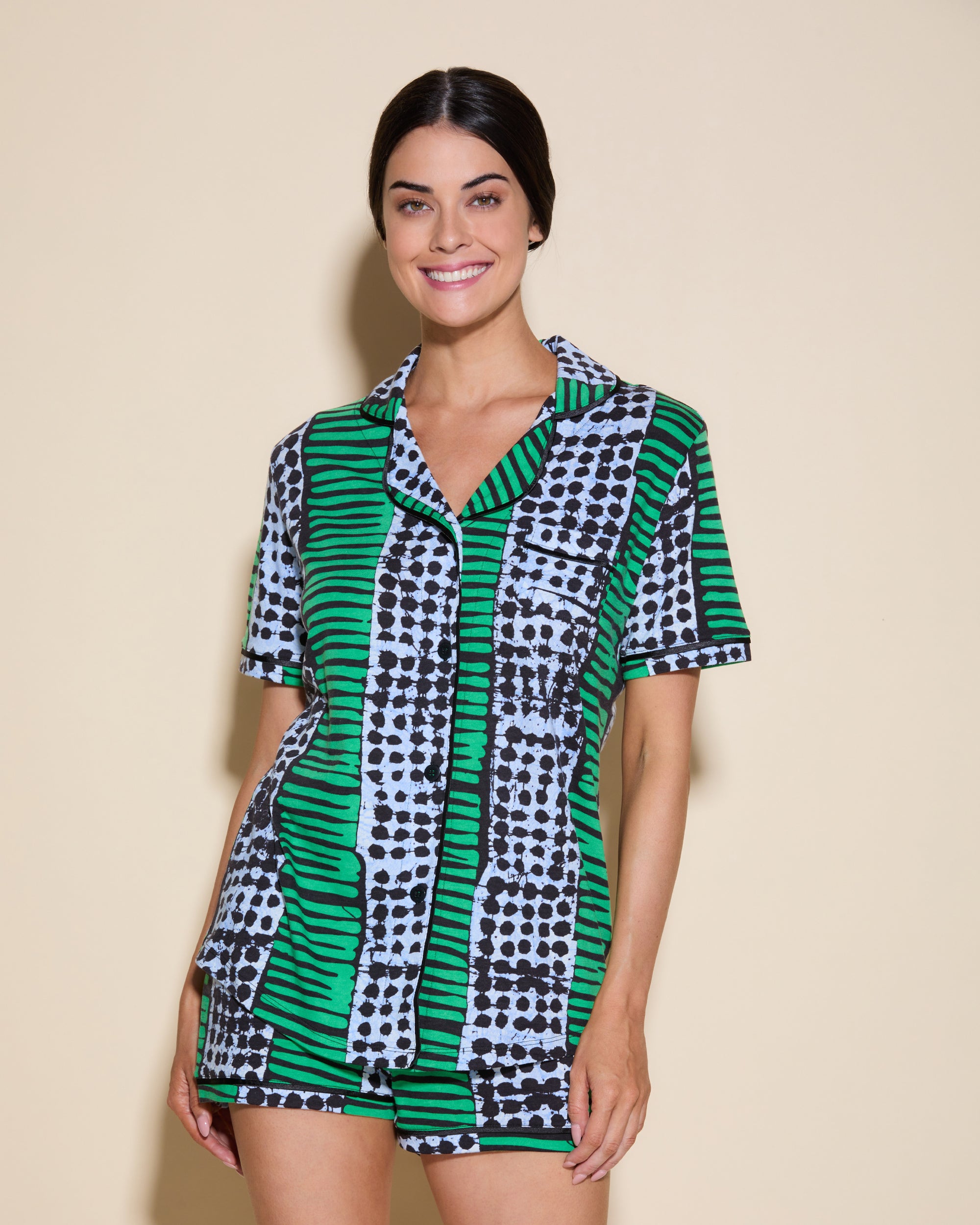 Print Set - Bella Printed Short Sleeve Top And Boxer Pajama Set