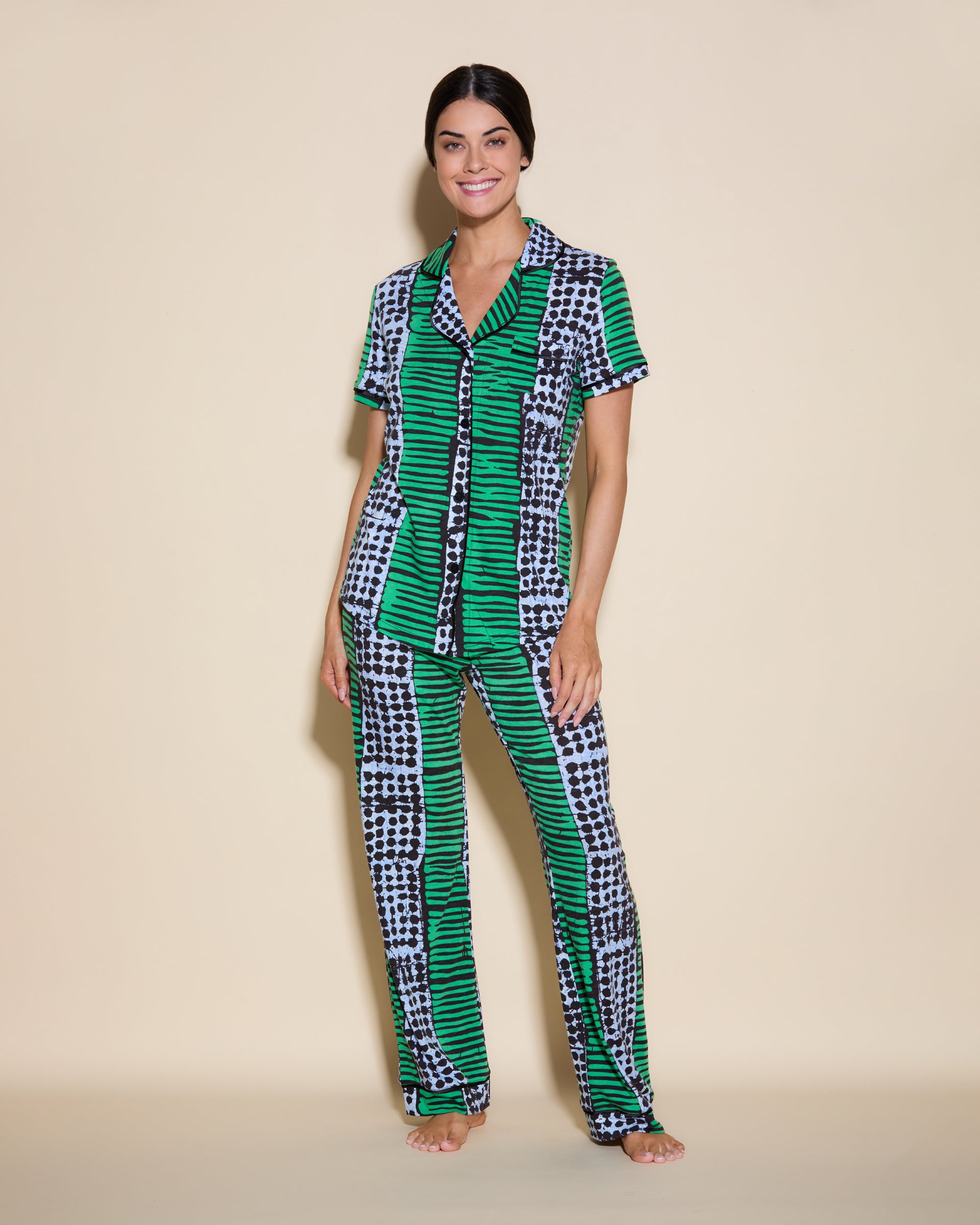 Print Set - Bella Printed Short Sleeve Top And Pant Pajama Set