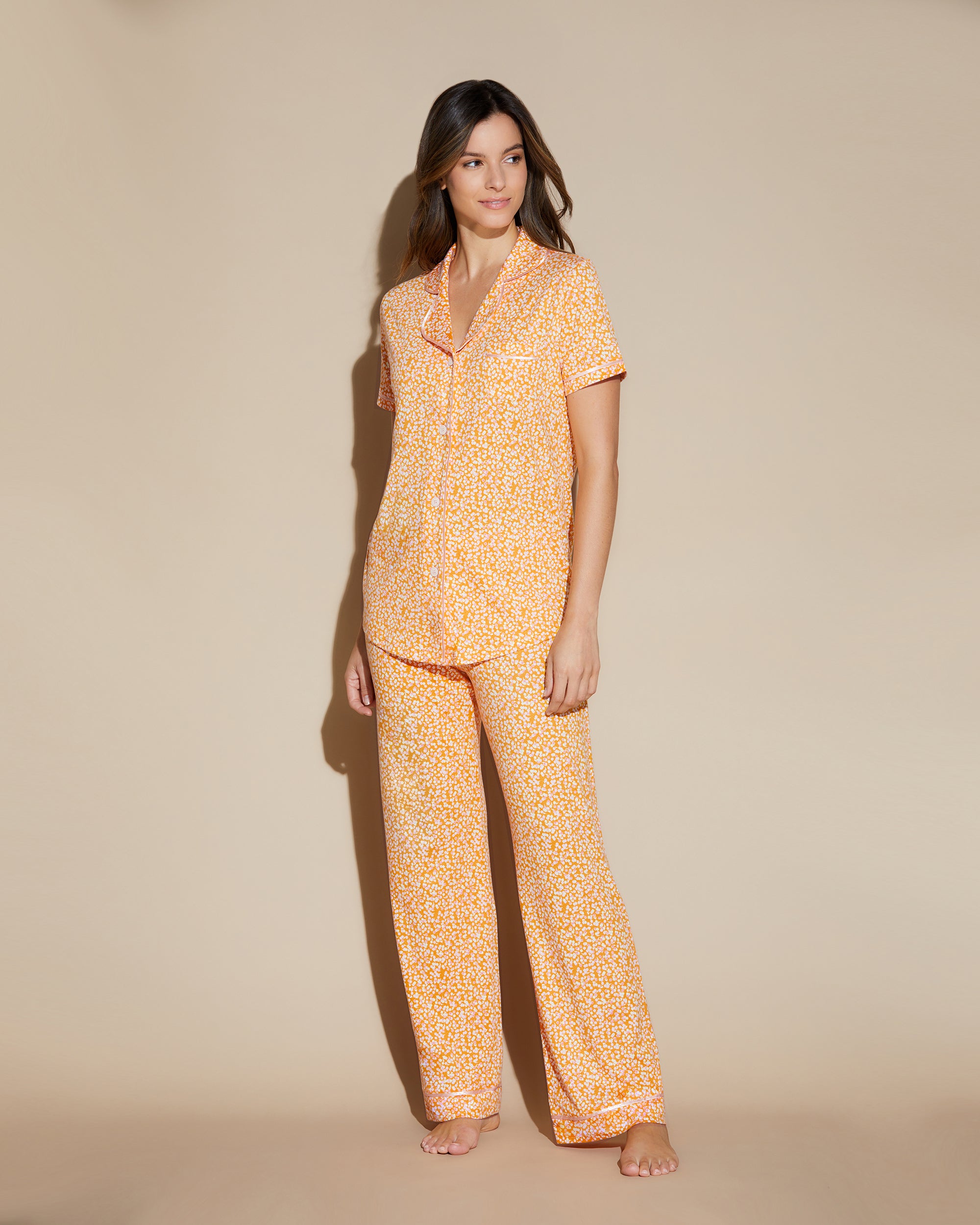 Orange Set - Bella Printed Short Sleeve Top And Boxer Pajama Set