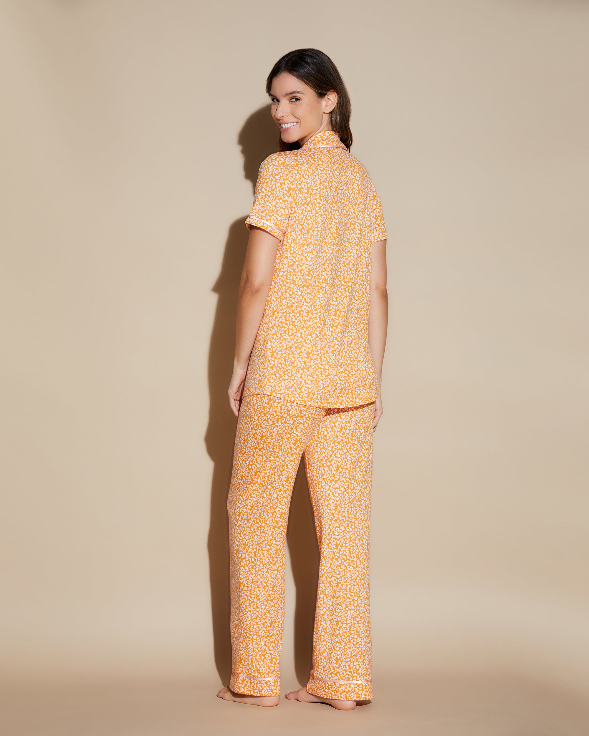 Orange Set - Bella Printed Short Sleeve Top And Boxer Pajama Set