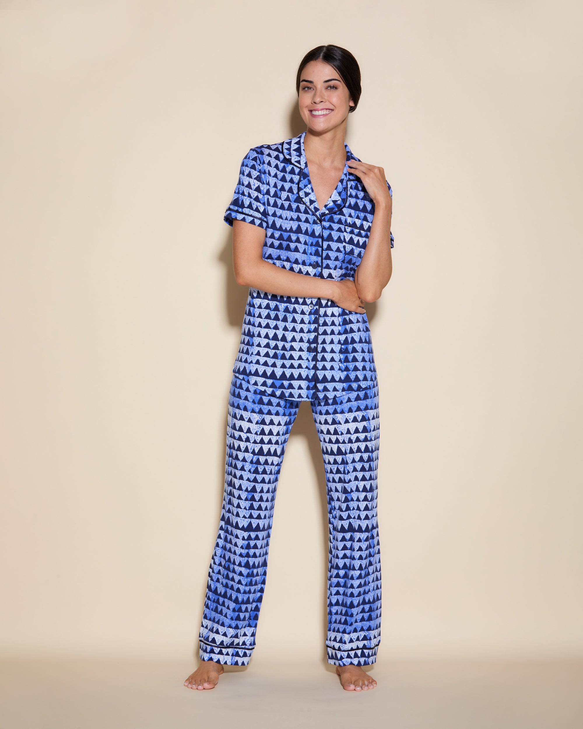 Print Set - Bella Printed Short Sleeve Top And Pant Pajama Set