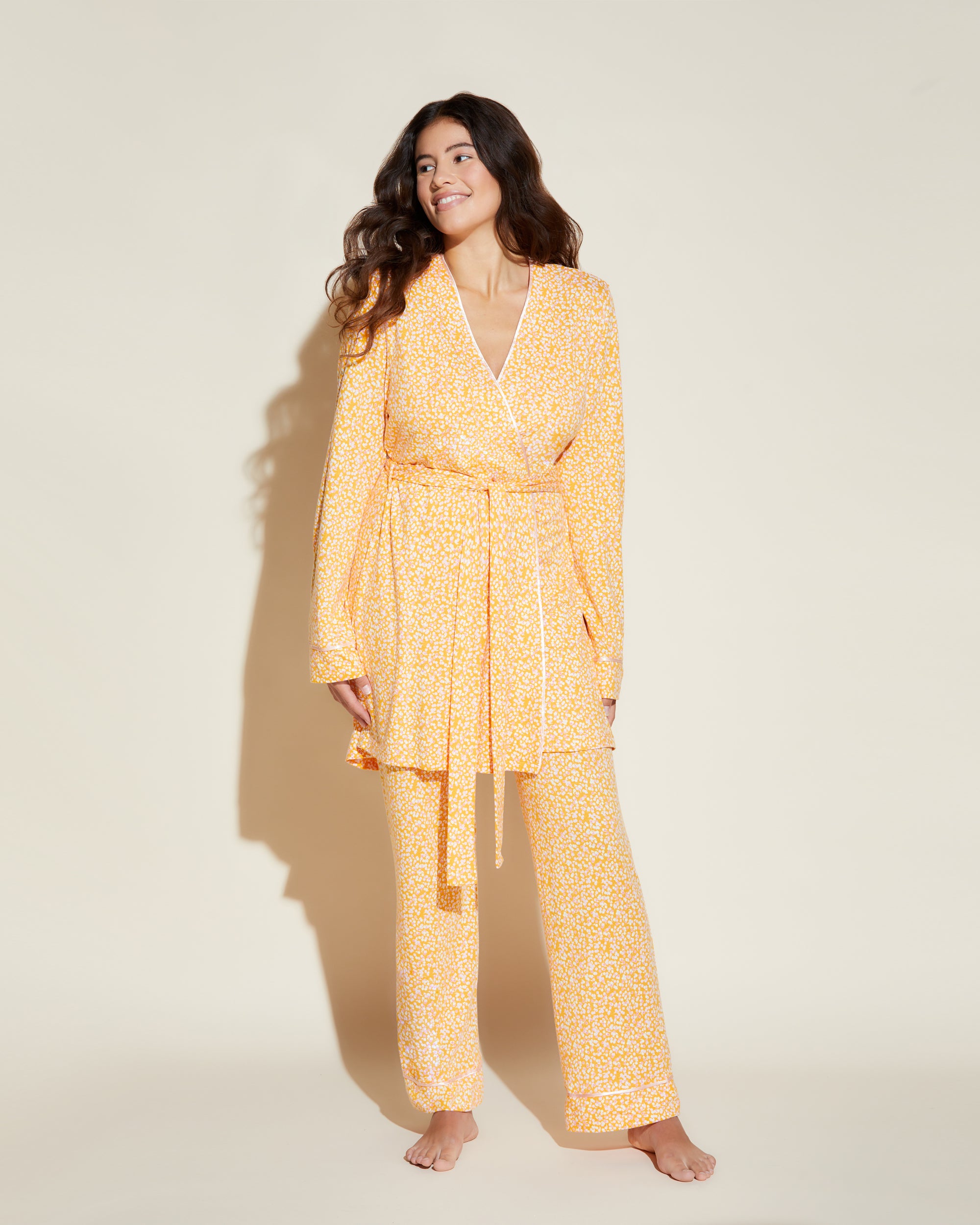 Orange Set - Bella Printed Curvy Pajama Set Cami, Pant And Robe