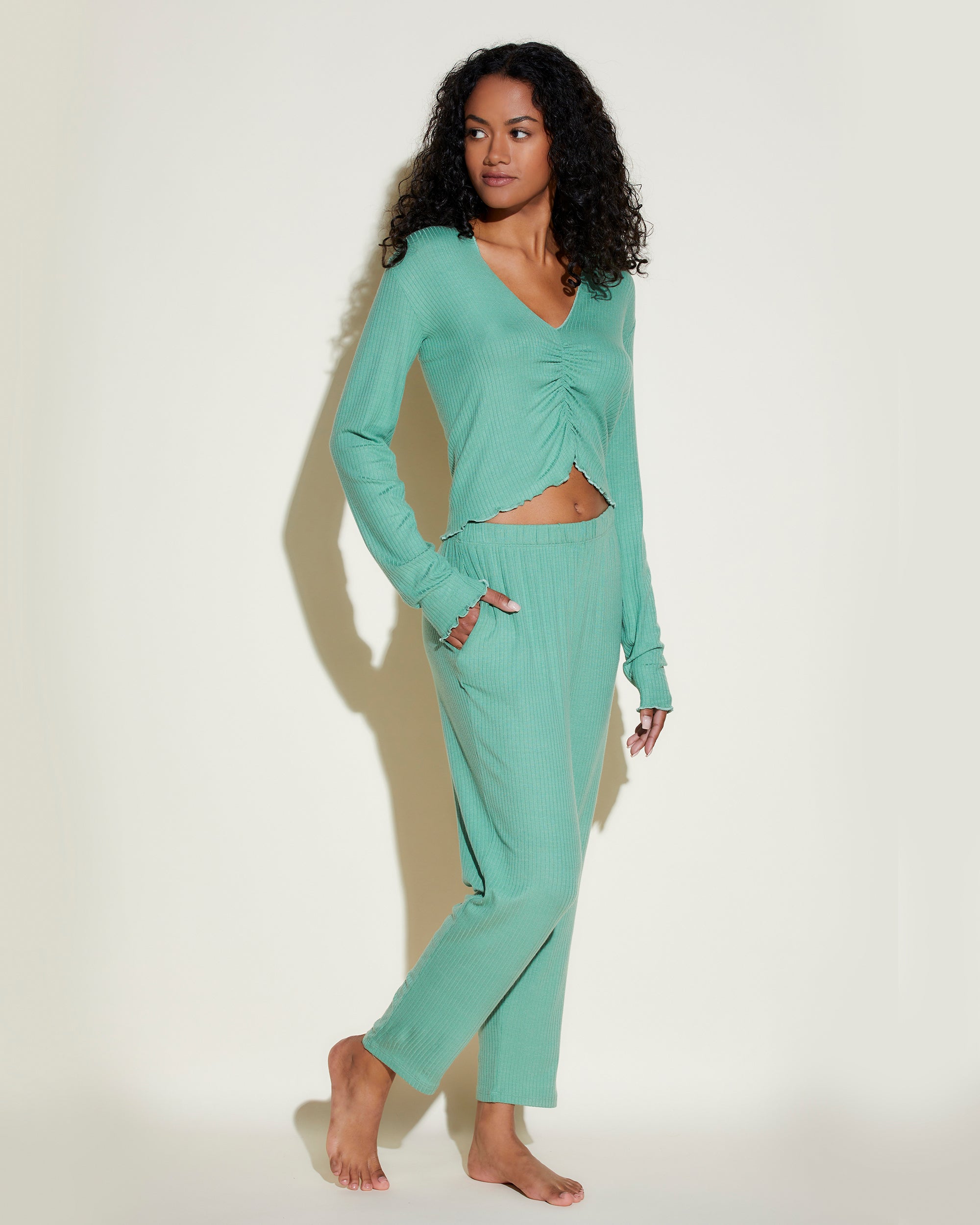 Green Top - Molly Double V Long Sleeve Top