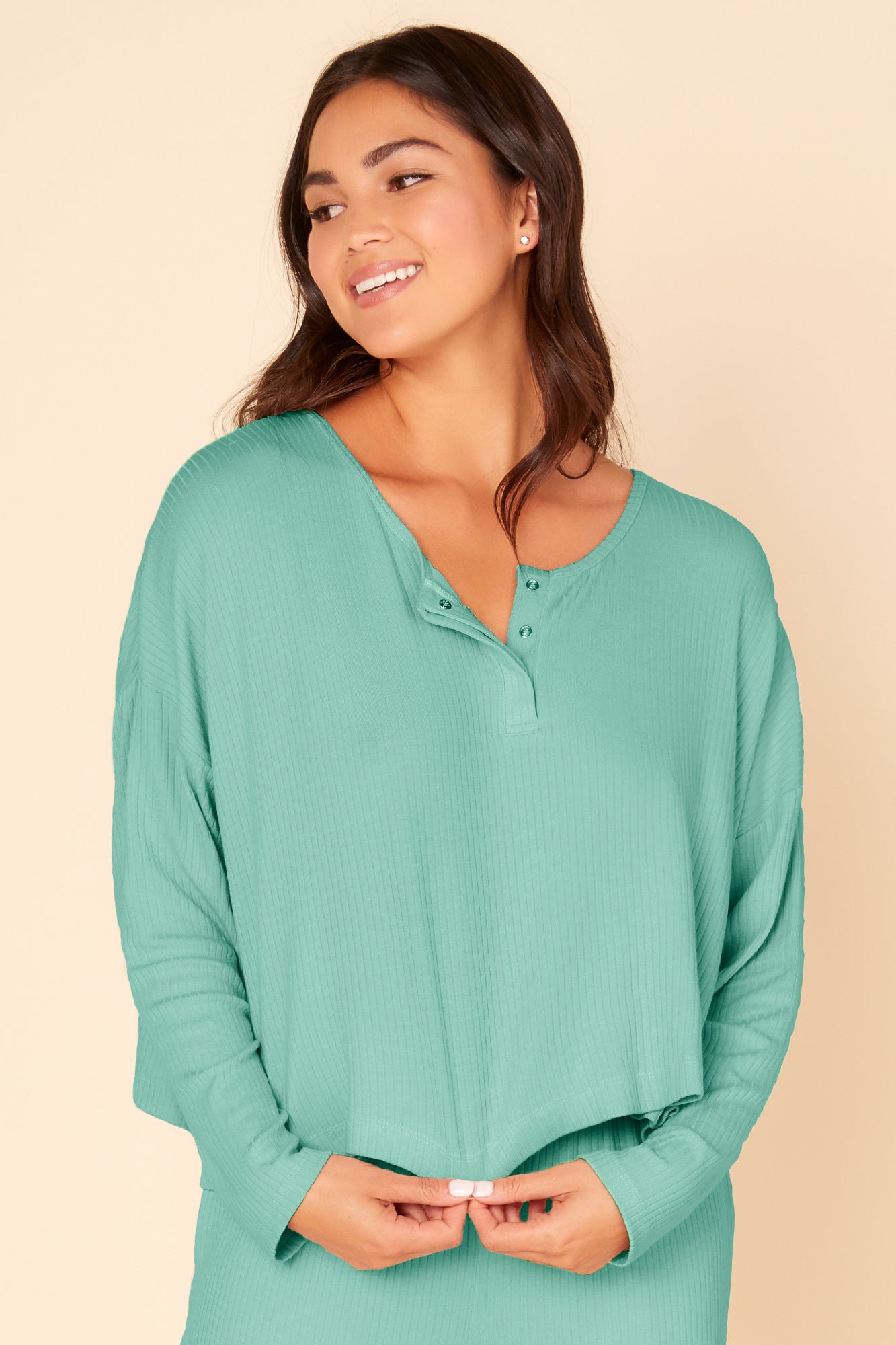 Green Top - Molly Boxy Henley Top